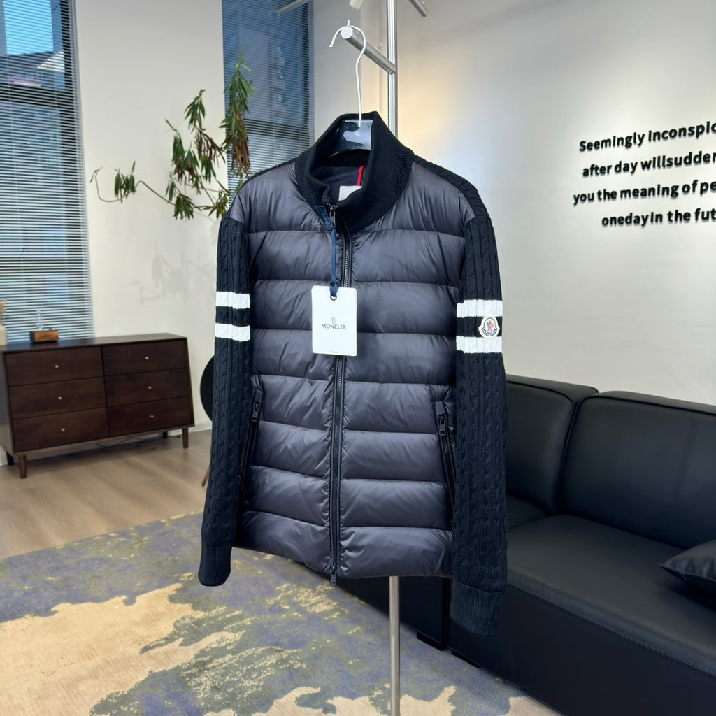 Moncler Knit-Sleeve Stripe Down Jacket
