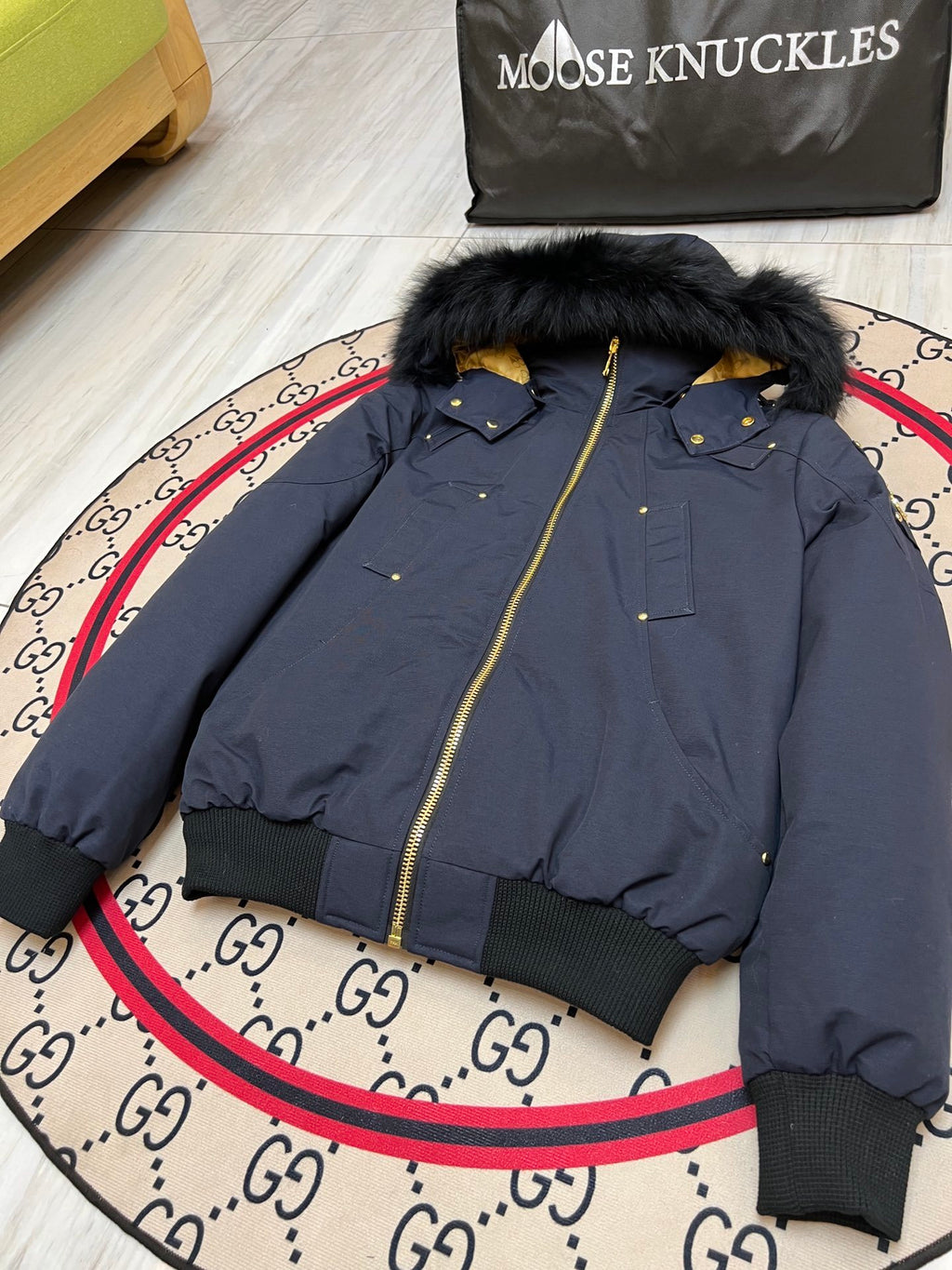 Moose Knuckles Men's Bomber Down Jacket – Navy (Fur Hood)
