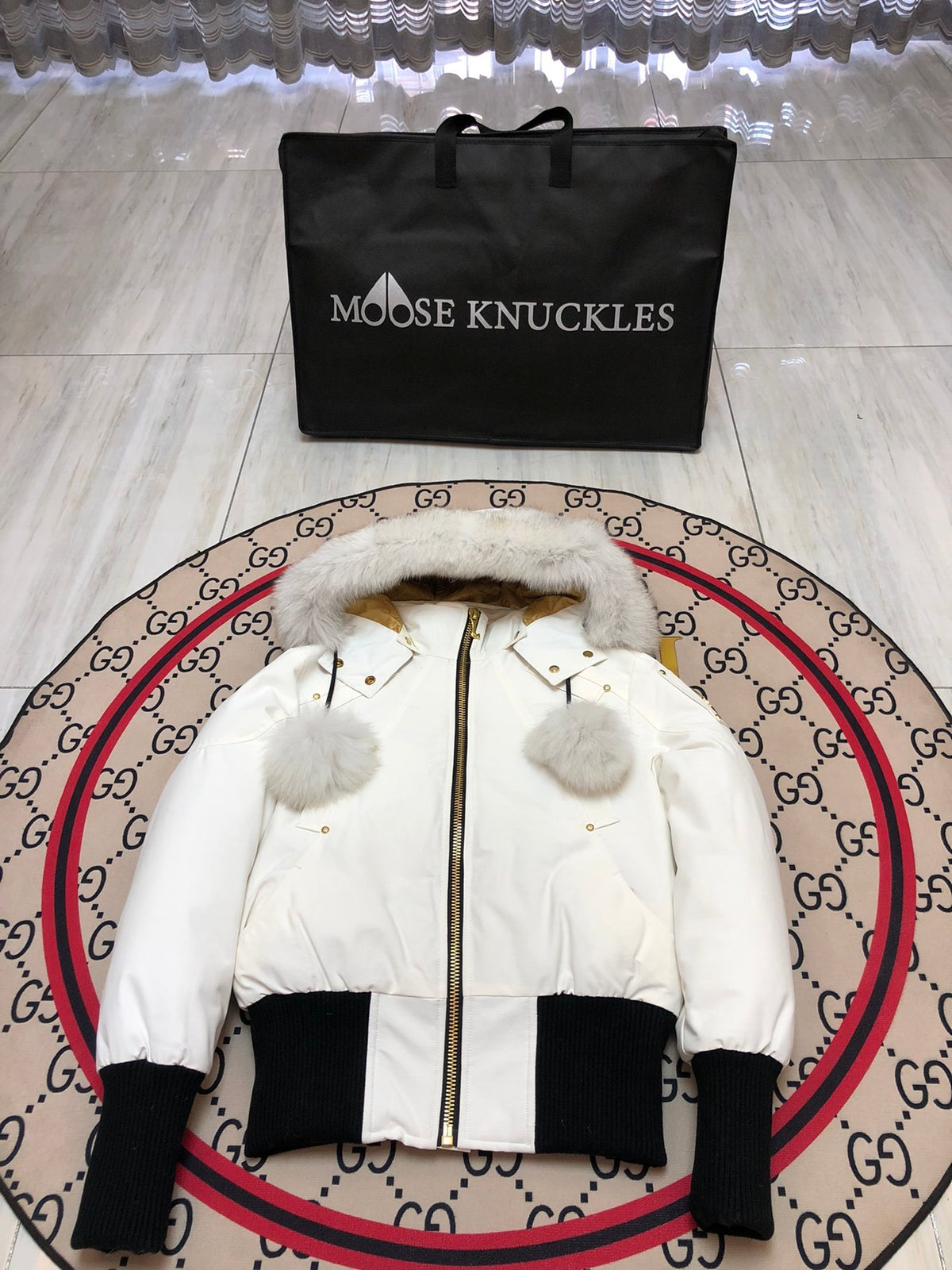 Moose Knuckles Women's Bomber Down Jacket – White (Fur Hood)