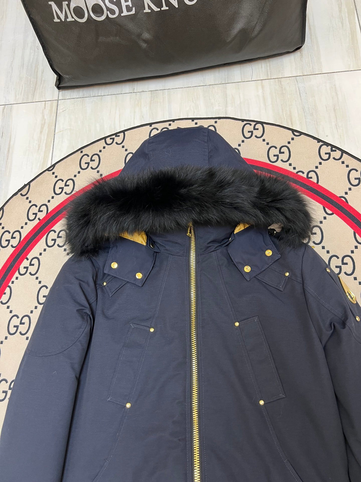 Moose Knuckles Men's Bomber Down Jacket – Navy (Fur Hood)