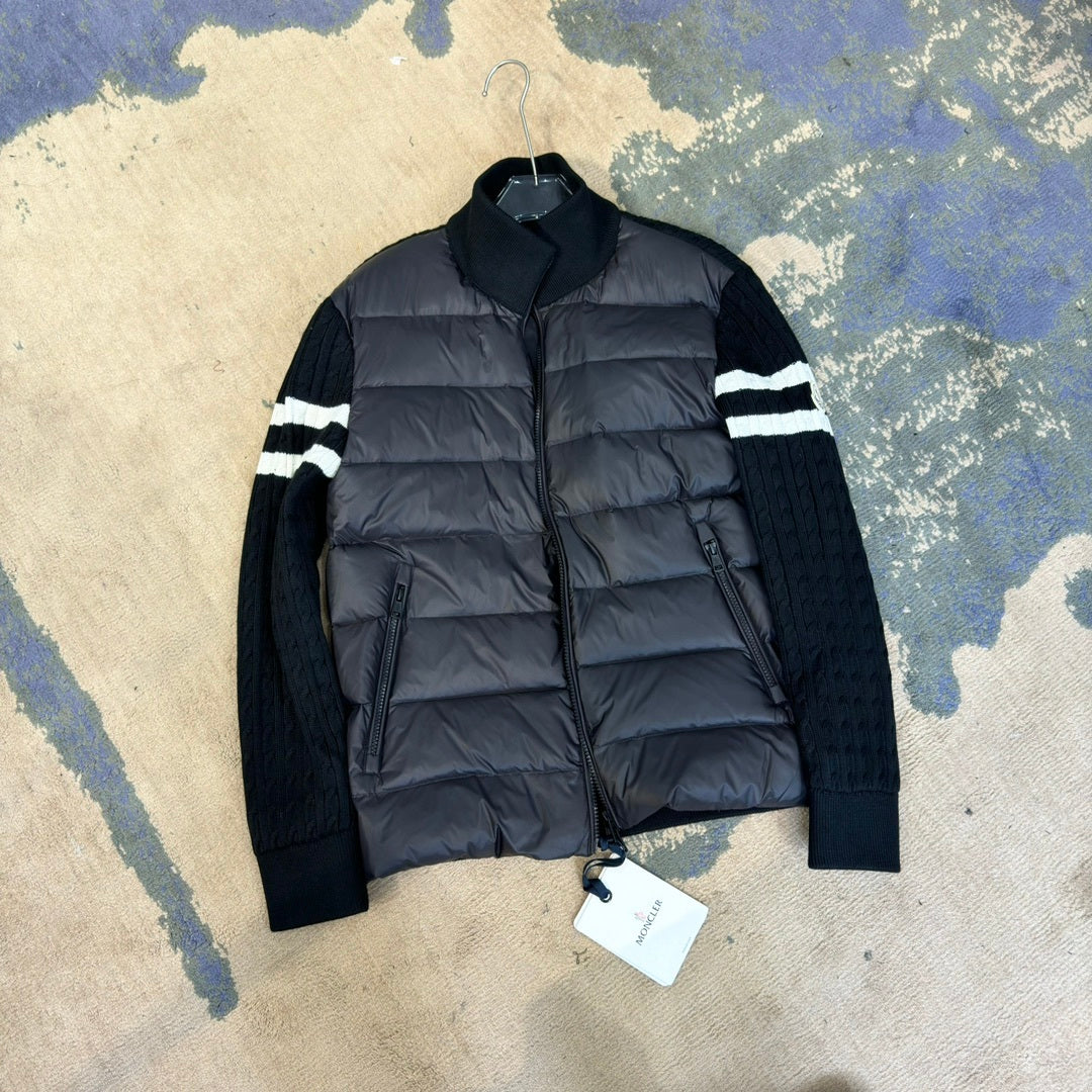Moncler Knit-Sleeve Stripe Down Jacket