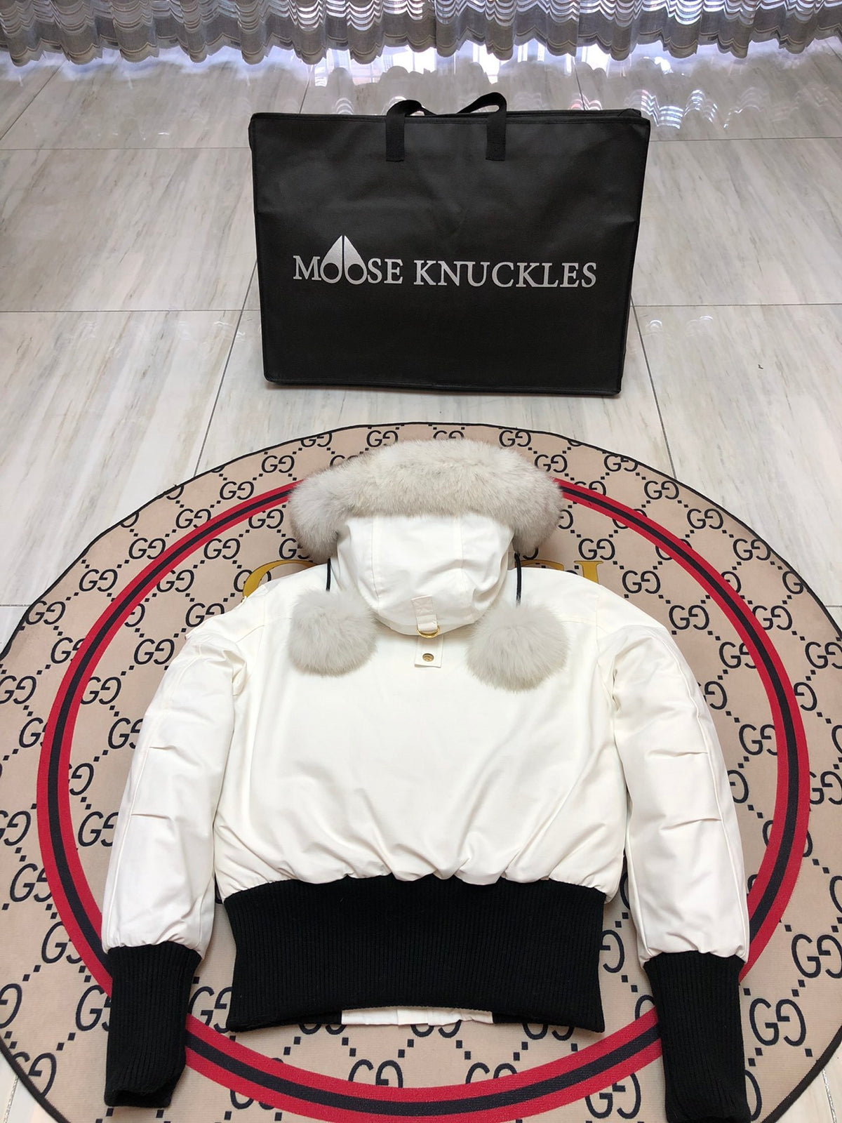 Moose Knuckles Women's Bomber Down Jacket – White (Fur Hood)