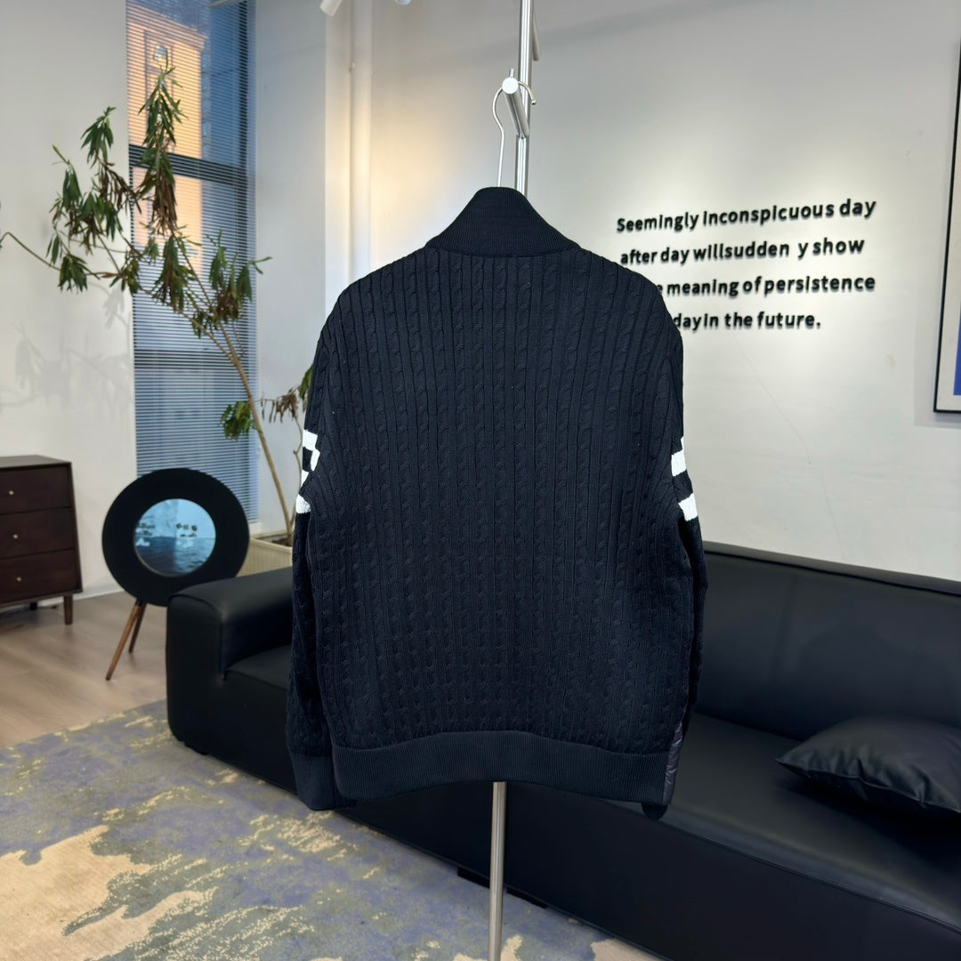 Moncler Knit-Sleeve Stripe Down Jacket