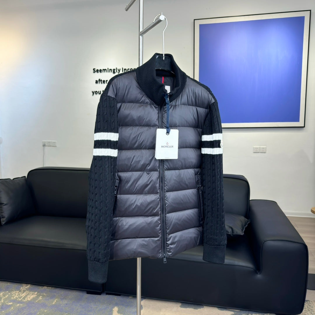 Moncler Knit-Sleeve Stripe Down Jacket