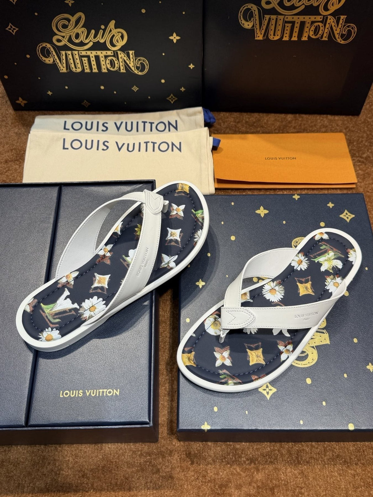 Louis Vuitton White & Navy Floral Flip-Flops